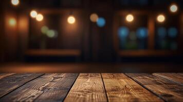 Empty dark wooden table top on blurred bar or restaurant background with warm lighting and plants. Banner with copy space. Template showcase scene for display, montage, advertising product. photo