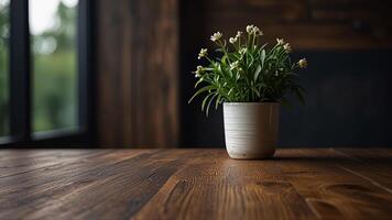 Dark wooden table top on blurred background with window, house plant in pot. Banner with copy space. Template showcase scene for display, montage, advertising product. photo