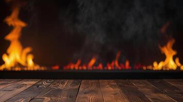 Empty dark wooden surface on blurred background with burning fireplace, smoke. Mock up with copy space. Template showcase scene for display, montage, advertising product. photo