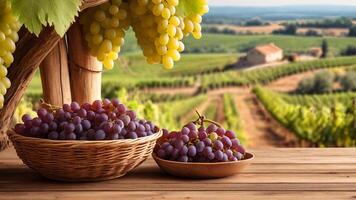 Ripe red and white grape in a wicker bowl on a wooden surface. Rural countryside blurred background. Banner with copy space. Farm natural products, winemaking concept. Landscape with a vineyard photo