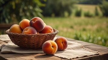 Ripe fragrant peaches in a wicker bowl with tablecloth on a wooden surface on rustic countryside blurred background. Banner with copy space. Farm natural products concept. Nature landscape photo