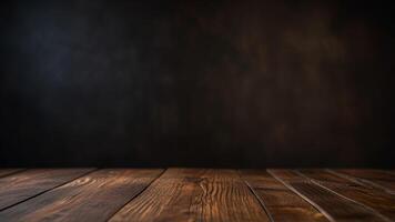 Empty dark wooden table top on blurred background. Banner with copy space. Template showcase scene for display, montage, advertising product. photo