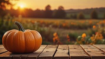 Wooden surface with pumpkin on blurred rustic countryside seasonal autumn background at sunset. Mock up with copy space. Template showcase scene for display, montage, advertising product. photo
