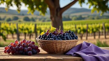 Ripe fragrant red grape in a wicker bowl on a wooden surface on rustic countryside blurred background. Banner with copy space. Farm natural products, winemaking concept. Landscape with a vineyard photo