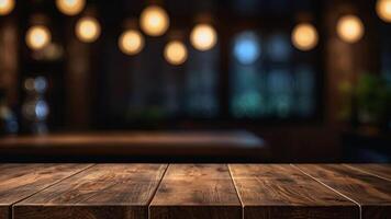 Empty dark wooden table top on blurred bar or restaurant background with bokeh. Banner with copy space. Template showcase scene for display, montage, advertising product. photo
