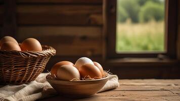Rustic chicken eggs in a wicker and ceramic bowl on a wooden surface on rustic blurred background. Banner with copy space. Farm natural products concept. Conveying a farmhouse vibe. photo
