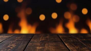 Empty dark wooden surface on blurred fire burning background with bokeh. Mock up with copy space. Template showcase scene for display, montage, advertising product. photo