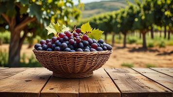 Ripe fragrant red grape in a wicker bowl on a wooden surface on rural countryside blurred background. Banner with copy space. Farm natural products, winemaking concept. Landscape with a vineyard photo