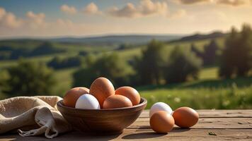 Rustic chicken eggs in a ceramic bowl on a wooden surface on rustic countryside blurred background. Banner with copy space. Farm natural products concept. Nature landscape photo