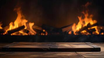 Empty dark wooden surface on blurred fireplace background. Mock up with copy space. Template showcase scene for display, montage, advertising product. photo