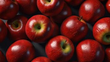 Ripe fragrant red apples background, closeup with top view. Concept of fresh fruits, harvesting photo