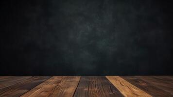 Empty wooden table top on dark background with smoke. Banner with copy space. Template showcase scene for display, montage, advertising product. photo