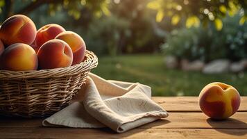 Ripe fragrant peaches in a wicker bowl on a wooden surface on rustic countryside blurred background. Banner with copy space. Farm natural products concept. Nature landscape photo