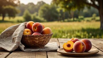 Ripe fragrant peaches in a wicker bowl and plate with tablecloth on a wooden surface on rustic countryside blurred background. Banner with copy space. Farm natural products concept. Nature landscape photo