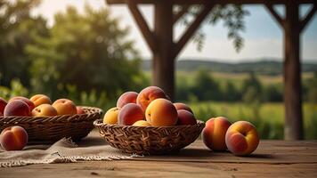 Ripe fragrant peaches in a wicker bowls with tablecloth on a wooden surface on rustic countryside blurred background. Banner with copy space. Farm natural products concept. Nature landscape photo