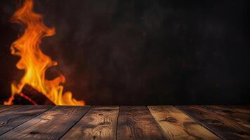Empty dark wooden surface on blurred background with burning fire and smoke. Mock up with copy space. Template showcase scene for display, montage, advertising product. photo