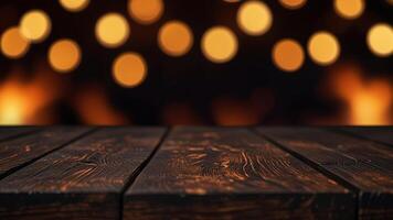 Empty dark wooden surface on blurred background with burning fire and bokeh. Mock up with copy space. Template showcase scene for display, montage, advertising product. photo