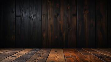 Empty dark wooden table top on blurred background. Banner with copy space. Template showcase scene for display, montage, advertising product. photo