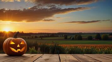 Wooden surface with Halloween pumpkin on blurred rustic countryside seasonal autumn background at sunset. Mock up with copy space. Template showcase scene for display, montage, advertising product. photo