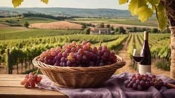 Ripe fragrant red grape in a wicker bowl on a wooden surface on rural countryside blurred background. Banner with copy space. Farm natural products, winemaking concept. Landscape with a vineyard photo