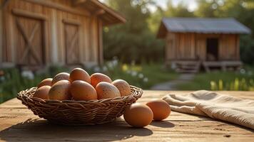 Rustic chicken eggs in a wicker bowl on a wooden surface on rustic countryside blurred background with farmhouse. Banner with copy space. Farm natural products concept. Nature landscape photo