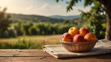 Ripe fragrant peaches in a wicker bowl with tablecloth on a wooden surface on rustic countryside blurred background. Banner with copy space. Farm natural products concept. Nature landscape photo