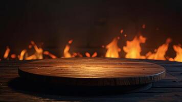Empty round dark wooden surface on blurred fireplace background. Mock up with copy space. Template showcase scene for display, montage, advertising product. photo