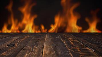Empty dark wooden surface on blurred fire burning background. Mock up with copy space. Template showcase scene for display, montage, advertising product. photo