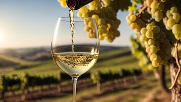 Wine glass with pouring into it white wine on blurred background, vineyard landscape in sunny day. Winemaking concept, tasting, grape production. Banner with copy space. photo
