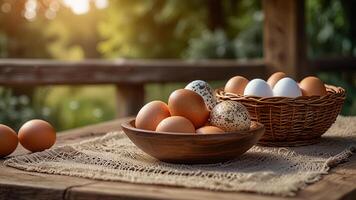Rustic chicken eggs in a wicker bowl and plate on a wooden surface with tablecloth on rustic countryside blurred background. Banner with copy space. Farm natural products concept. photo