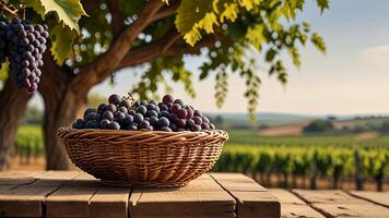 Ripe fragrant red grape in a wicker bowl on a wooden surface on rural countryside blurred background. Banner with copy space. Farm natural products, winemaking concept. Landscape with a vineyard photo