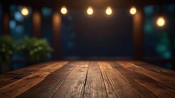 Empty dark wooden table top on blurred bar or restaurant background with warm lighting and plants. Banner with copy space. Template showcase scene for display, montage, advertising product. photo