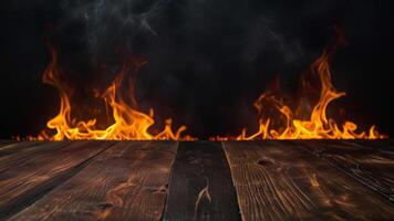 Empty dark wooden surface on blurred fire and smoke burning background. Mock up with copy space. Template showcase scene for display, montage, advertising product. photo