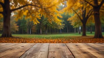 Empty wooden surface on blurred seasonal autumn background. Nature with view to park trees. Mock up with copy space. Template showcase scene for display, montage, advertising product. photo