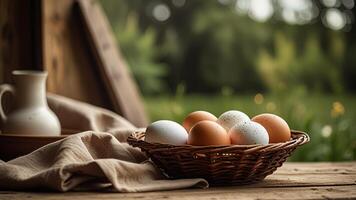 Rustic chicken eggs in a wicker bowl on a wooden surface on rustic countryside blurred background. Banner with copy space. Farm natural products concept. Nature landscape photo