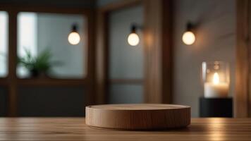 Light wooden empty round podium on a countertop on a blurred background of the modern bathroom or living room with house plants. Scene stage showcase for beauty and spa products photo