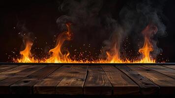 Empty dark wooden surface on blurred background with burning fire and smoke. Mock up with copy space. Template showcase scene for display, montage, advertising product. photo