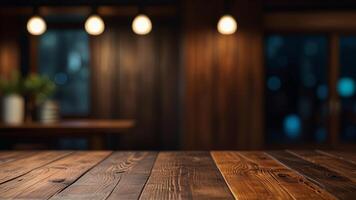 Empty dark wooden table top on blurred bar or restaurant background with warm lighting and plants. Banner with copy space. Template showcase scene for display, montage, advertising product. photo