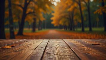 Empty wooden surface on blurred seasonal autumn background. Nature with view to park trees. Mock up with copy space. Template showcase scene for display, montage, advertising product. photo