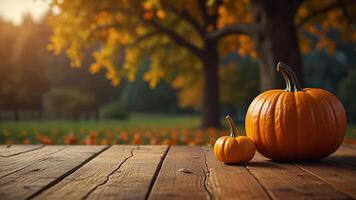 Wooden surface with pumpkins on blurred rustic countryside seasonal autumn background. Mock up with copy space. Template showcase scene for display, montage, advertising product. photo