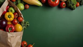 Paper bag with healthy vegetables on a green background. Banner with copy space, top view. Culinary background with vegetarian food photo
