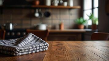 Wooden countertop with tablecloth on blurred modern kitchen interior background. Mock up with copy space. Template showcase scene for display, montage, advertising product photo
