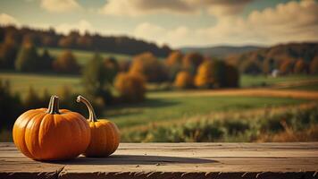 Wooden surface with pumpkins on blurred rustic countryside seasonal autumn background. Mock up with copy space. Template showcase scene for display, montage, advertising product. photo