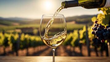 Wine glass with pouring into it white wine on blurred background, vineyard landscape in sunny day. Winemaking concept, tasting, grape production. Banner with copy space. photo