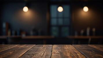 Empty dark wooden table top on blurred bar or restaurant background with warm lighting. Banner with copy space. Template showcase scene for display, montage, advertising product. photo