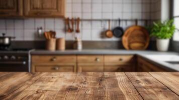 Empty wooden countertop on blurred modern kitchen interior background. Mock up with copy space. Template showcase scene for display, montage, advertising product photo