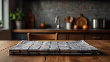 Wooden countertop with tablecloth on blurred modern kitchen interior background. Mock up with copy space. Template showcase scene for display, montage, advertising product photo