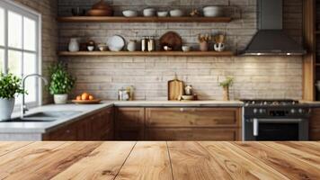 Empty wooden countertop on blurred modern kitchen interior background. Mock up with copy space. Template showcase scene for display, montage, advertising product photo