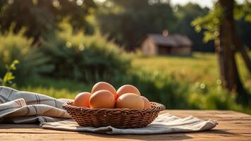 Rustic chicken eggs in a wicker bowl on a wooden surface on rustic countryside blurred background with farmhouse. Banner with copy space. Farm natural products concept. Nature landscape photo