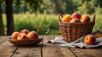 Ripe fragrant peaches in a wicker basket and ceramic bowl on a wooden surface on rustic countryside blurred background. Banner with copy space. Farm natural products concept. Nature landscape photo